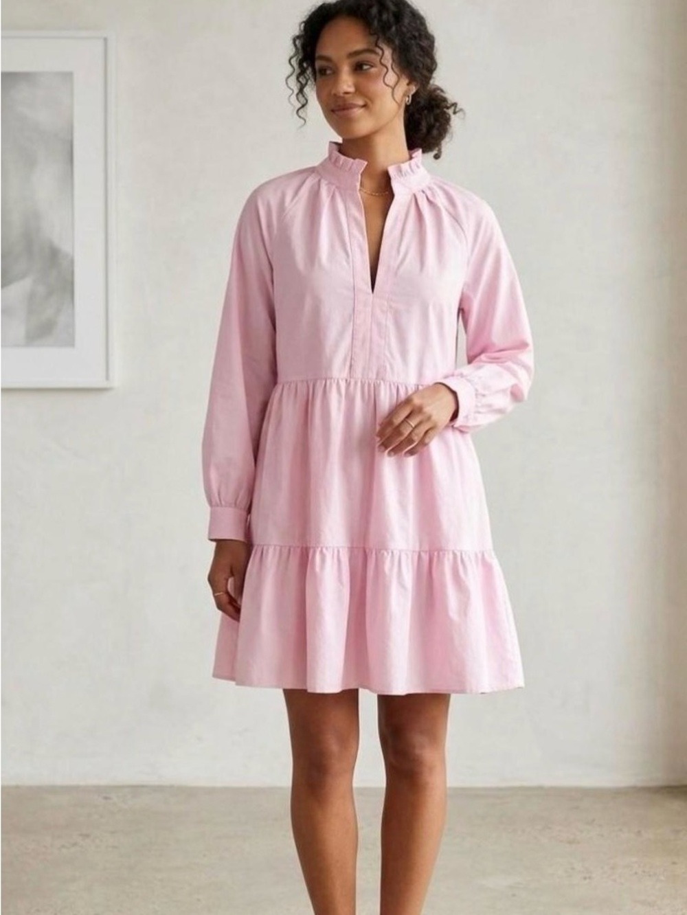 Tiered Pink Long-Sleeve Mini Dress with Ruffle Neck
